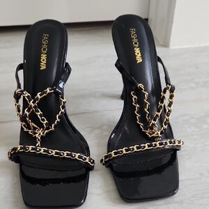 Fashion Nova Black Heels with Gold Chain Accents